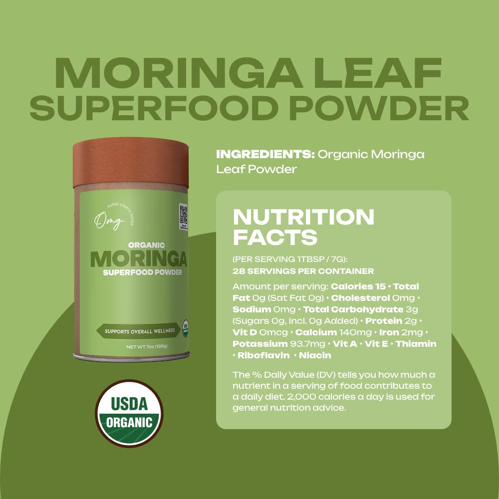 OMG Moringa Powder in a smoothie showcases vibrant color and versatility.