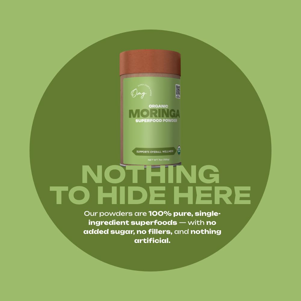 OMG Moringa Powder in kitchen setup suggests versatile use.