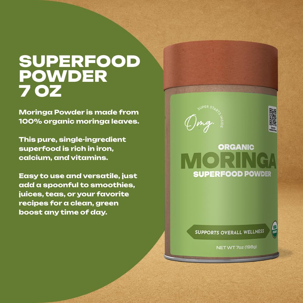 OMG Moringa Powder label with certifications signals trusted organic quality.