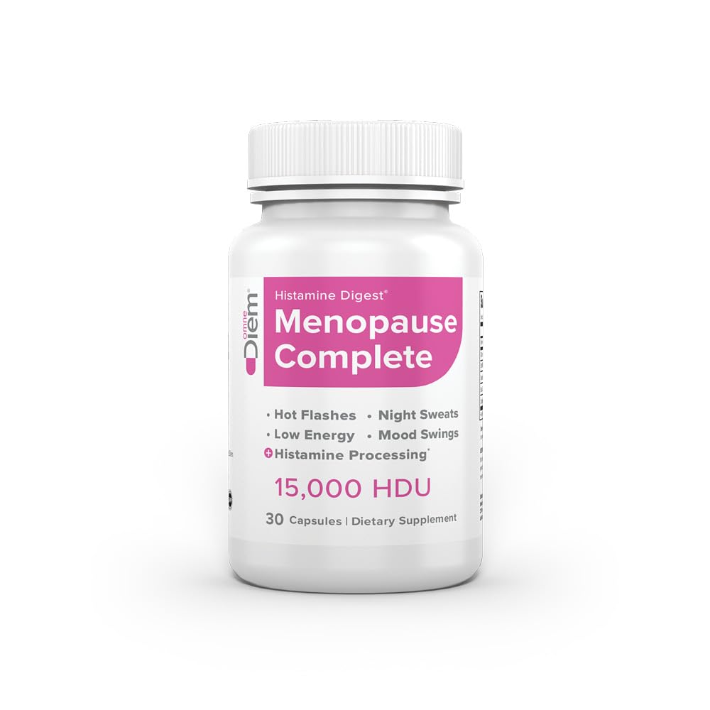 Omne Diem Menopause Complete bottle highlighting DAO plus hops for hormonal balance and focus.