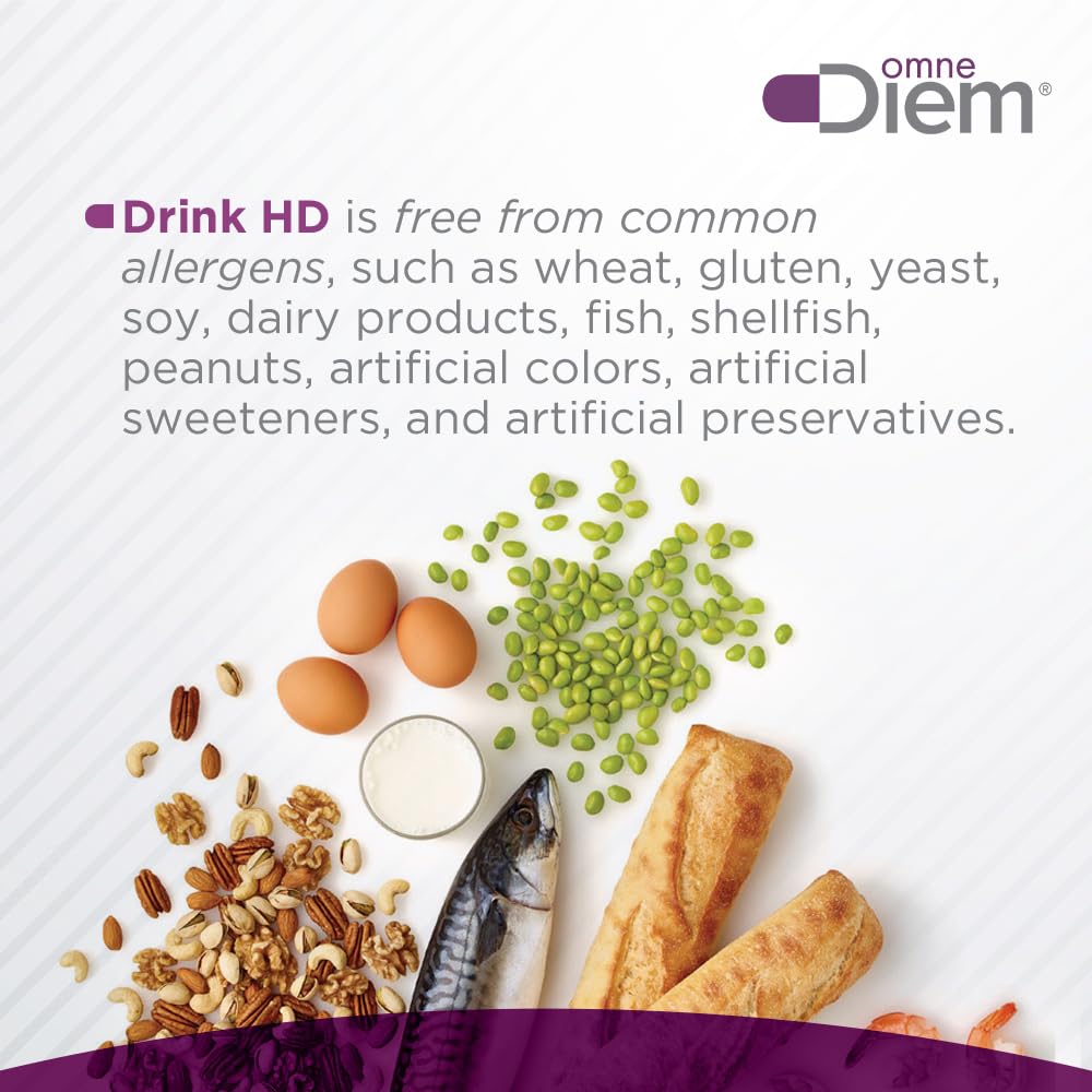 A glass with OmneDiem Drink HD beside a balanced meal