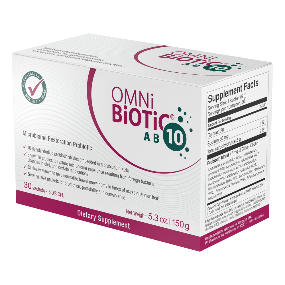 OMNi BiOTiC AB 10 label emphasizes vegan, hypoallergenic, non-GMO formulation.