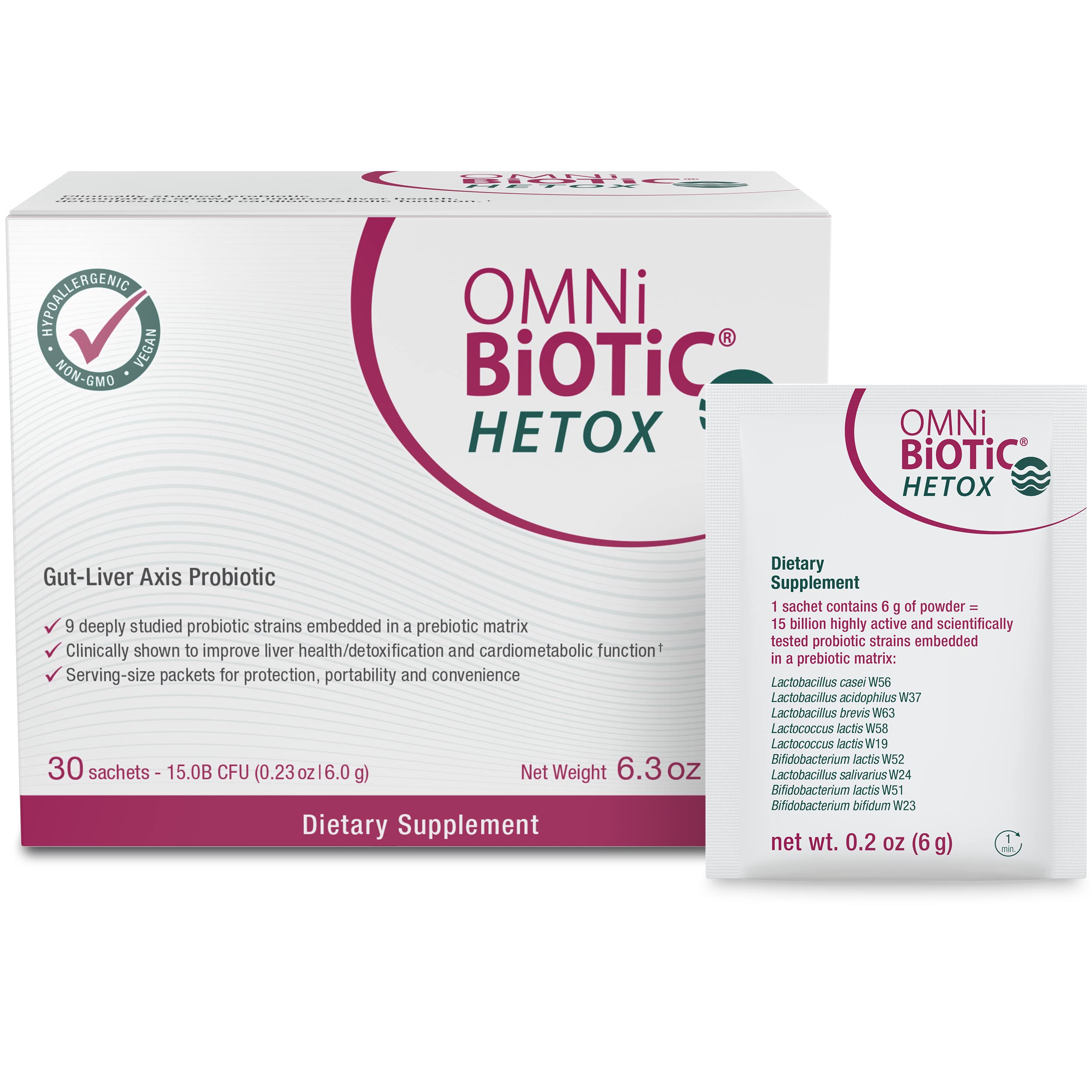 OMNi BiOTiC Hetox bottle pack for easy daily gut-liver support.