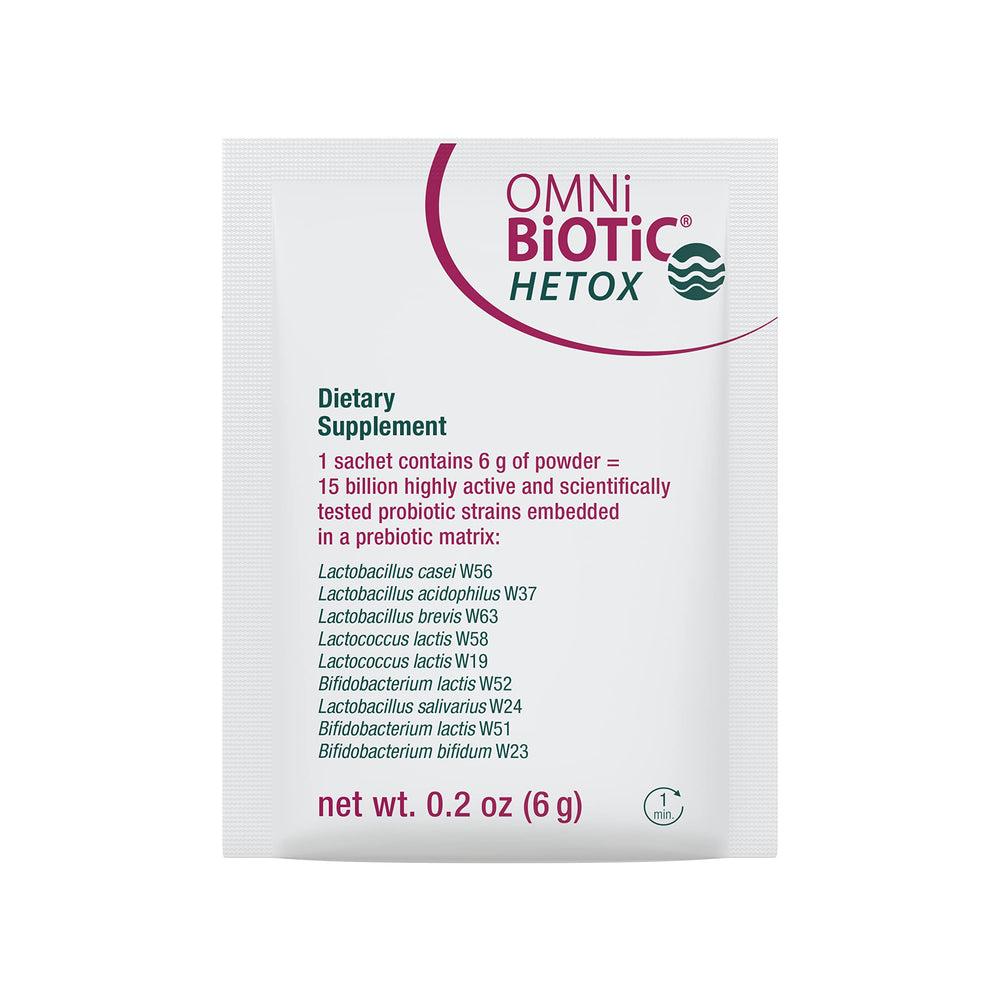 OMNi BiOTiC Hetox on kitchen counter suggesting everyday detox routine.