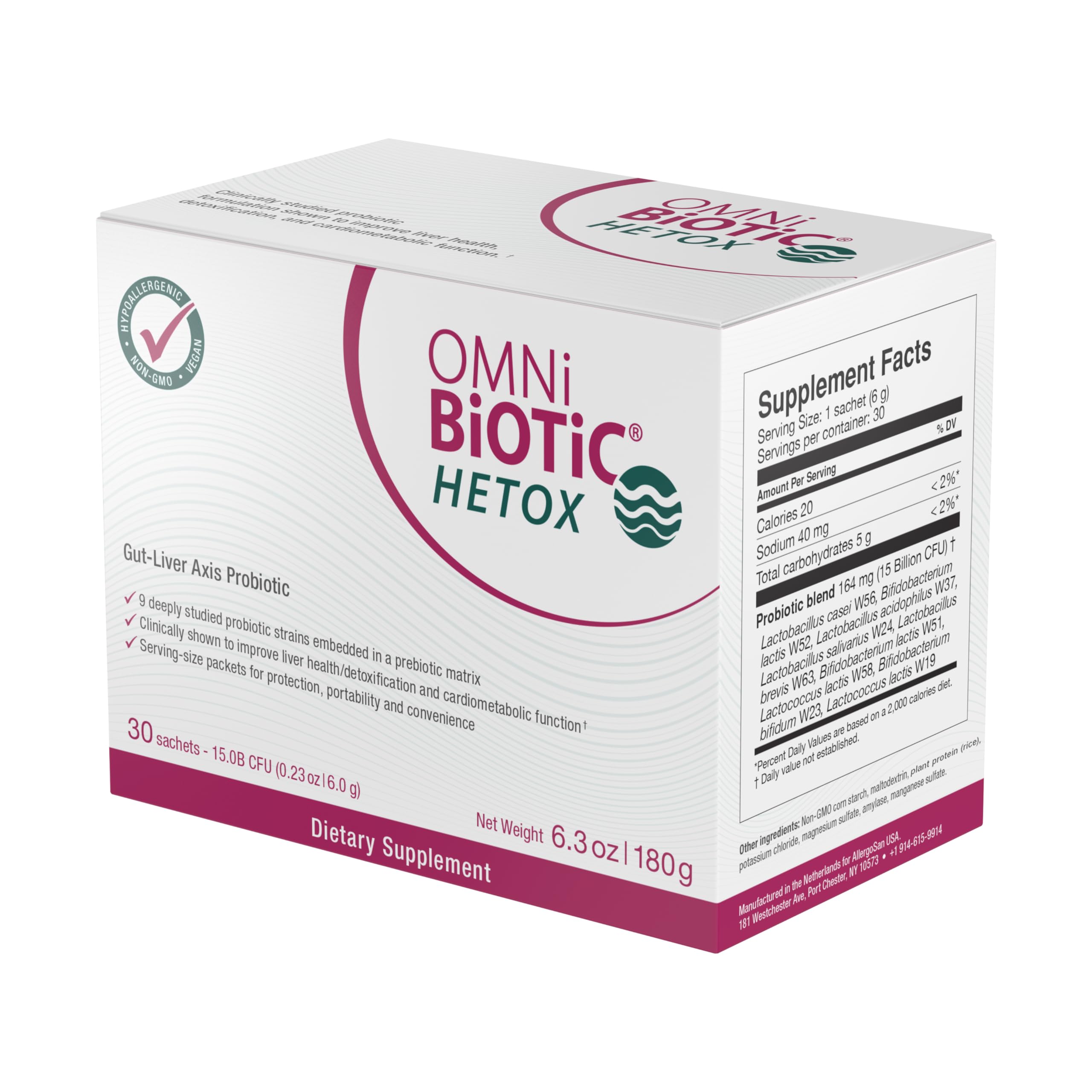 OMNi BiOTiC Hetox label closeup highlighting hypoallergenic, non-GMO formula.