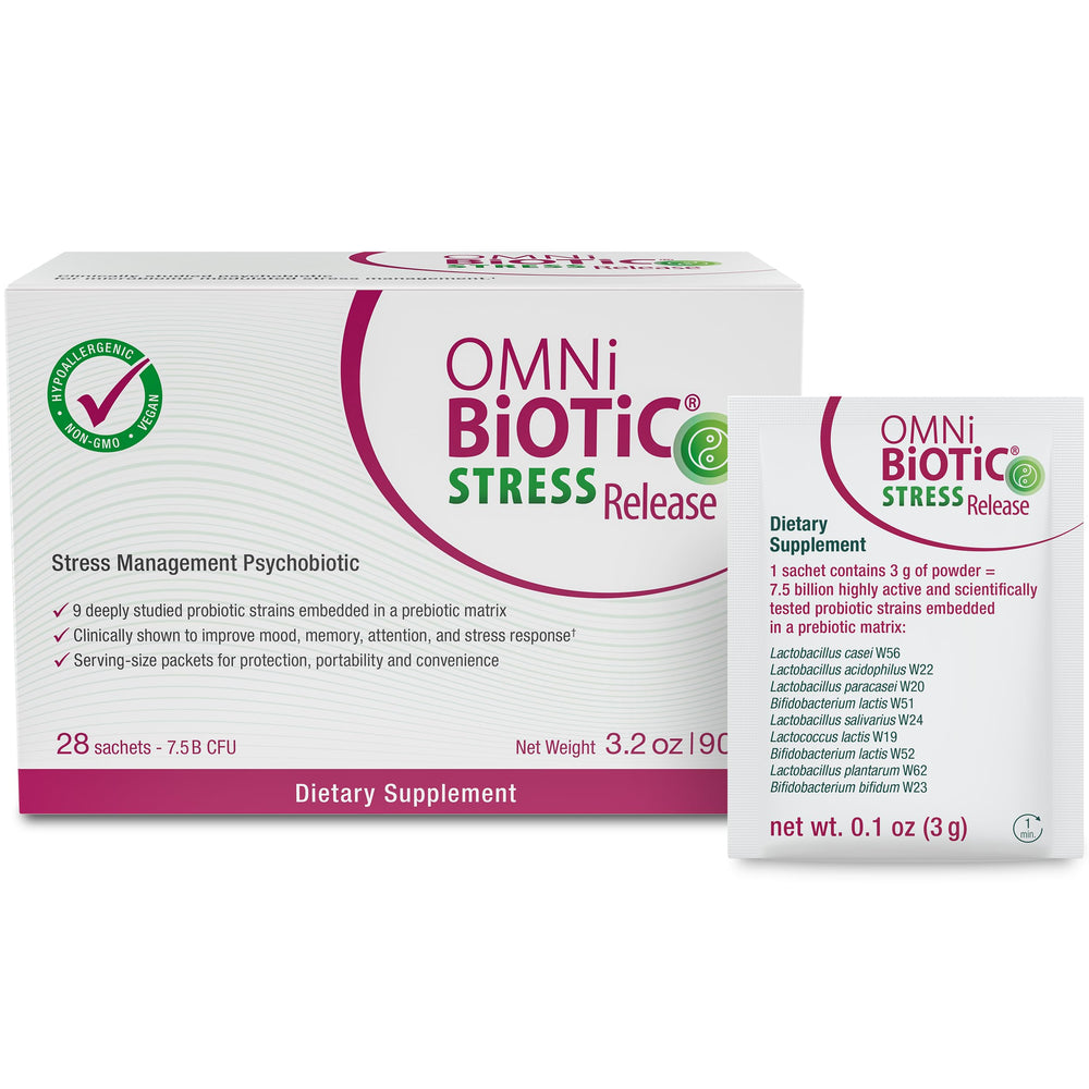 OMNi BiOTiC Stress Release bottle with daily packets for stress support.