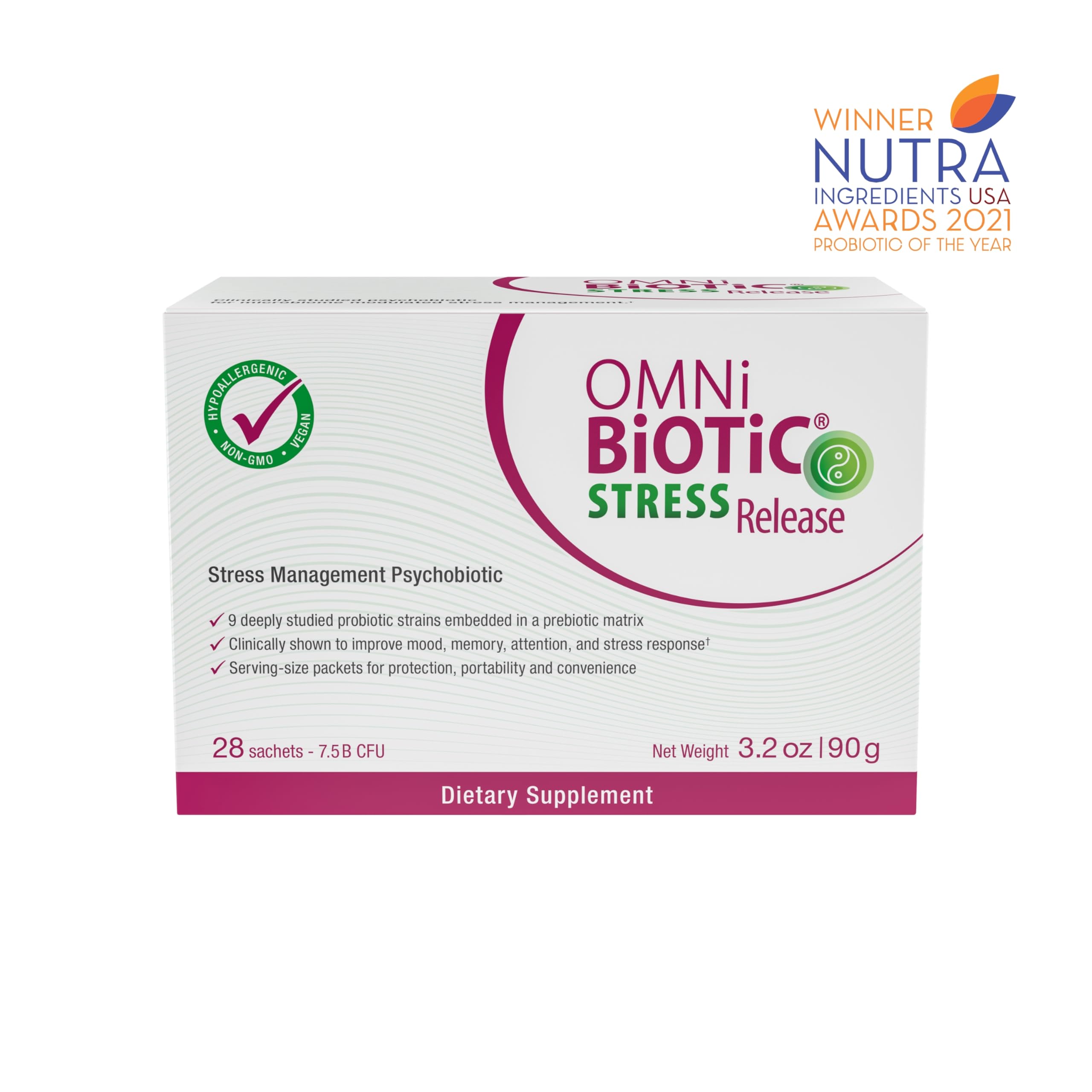 Packaging of OMNi BiOTiC Stress Release highlighting shelf-stable convenience.