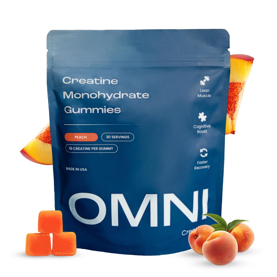 OMNI Creatine gummies peach bottle for on-the-go muscle support and easy dosing.