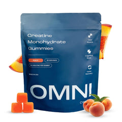 OMNI Creatine gummies peach bottle for on-the-go muscle support and easy dosing.