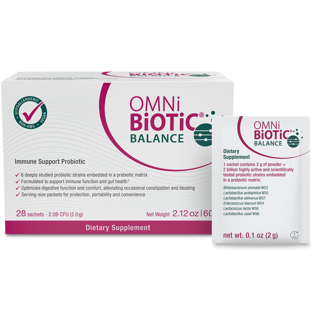 OMNi BiOTiC Balance bottle and capsules support daily immune-friendly gut health.