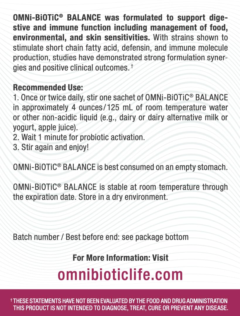 OMNi BiOTiC Balance label highlights non-GMO ingredients for clean immune support.