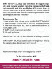 OMNi BiOTiC Balance label highlights non-GMO ingredients for clean immune support.