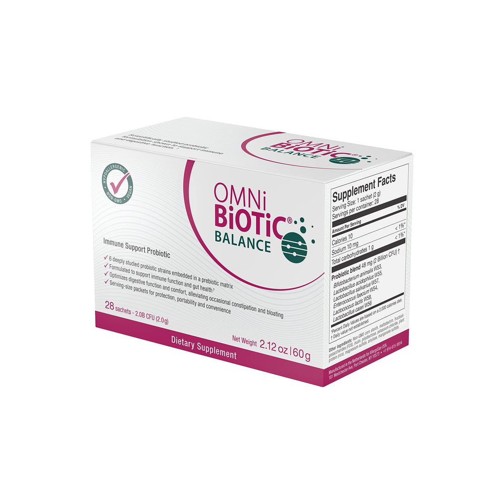 OMNi BiOTiC Balance packaging shows probiotic strains backing digestive comfort.