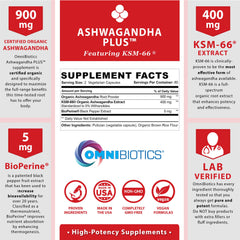 OmniBiotics Ashwagandha bottle cap close-up emphasizing non-GMO and pure extract
