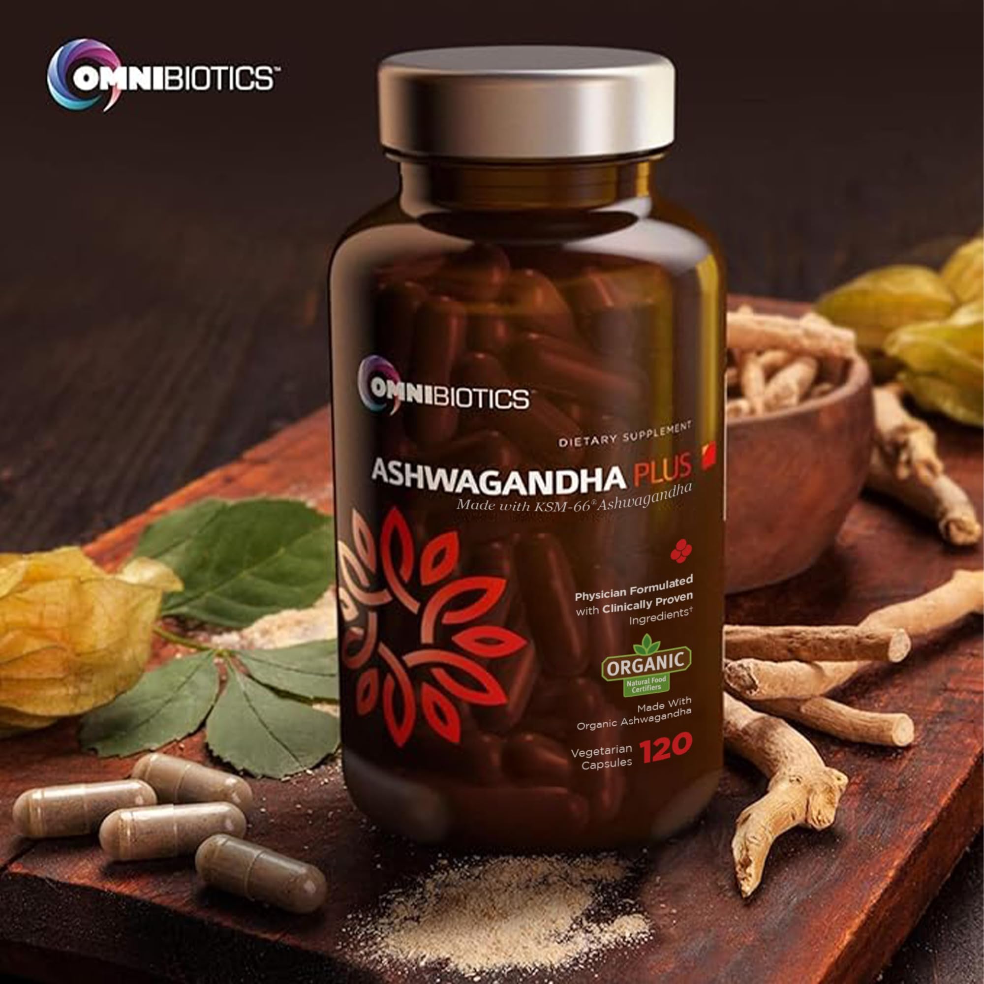 OmniBiotics Ashwagandha capsules close-up demonstrating vegan capsules for daily wellness