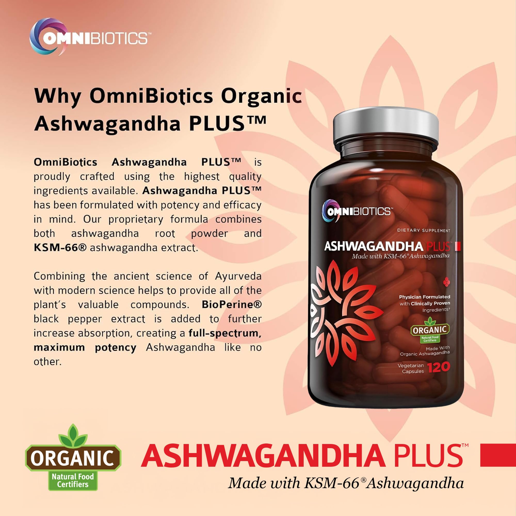 OmniBiotics Ashwagandha packaging box displaying organic ingredients and USA-made quality