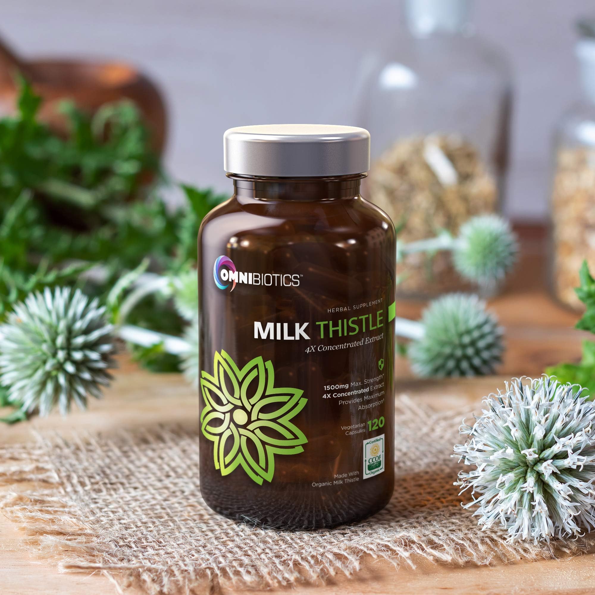 Close-up of label highlighting 1500mg dose and 50% stronger silymarin.
