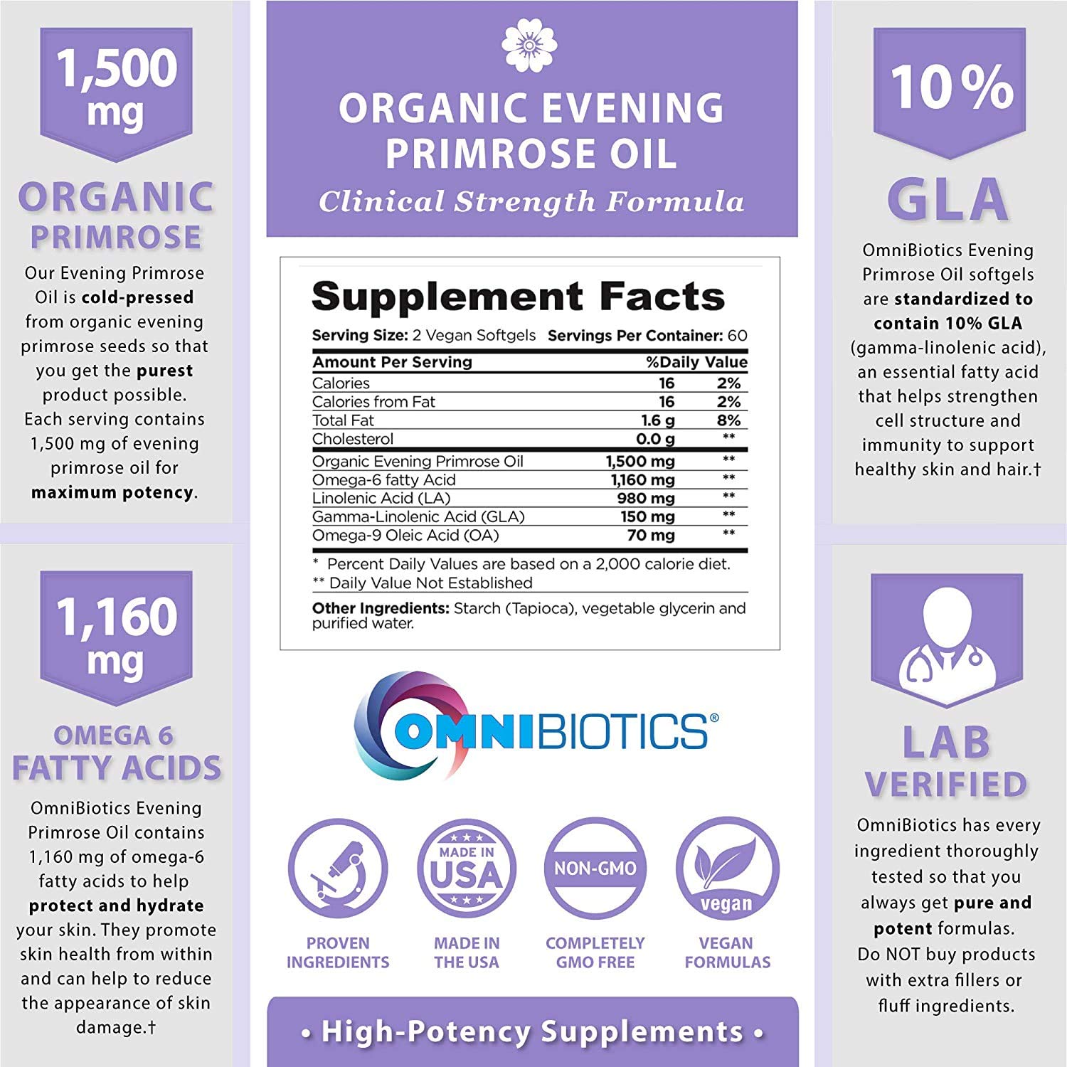 OmniBiotics Primrose Oil label highlights organic, non-GMO quality.