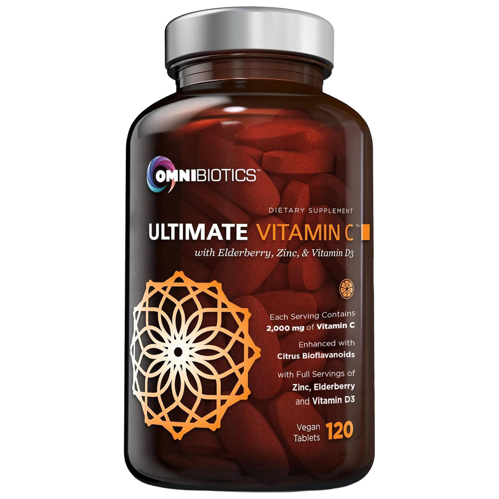 OmniBiotics Ultimate Vitamin C 2000mg bottle, showing convenient immune support in a vegan tablet.