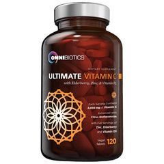 OmniBiotics Ultimate Vitamin C 2000mg bottle, showing convenient immune support in a vegan tablet.