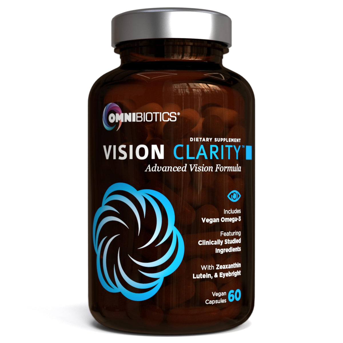 OmniBiotics Vision Clarity bottle pour illustrating convenient daily eye support for adults.
