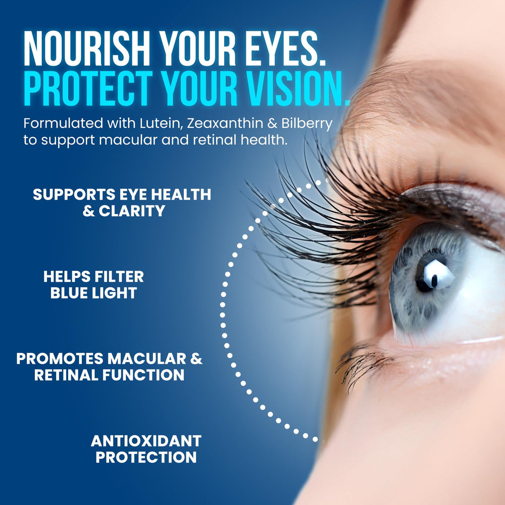 OmniBiotics Vision Clarity capsules shown for macular support during long screen sessions.