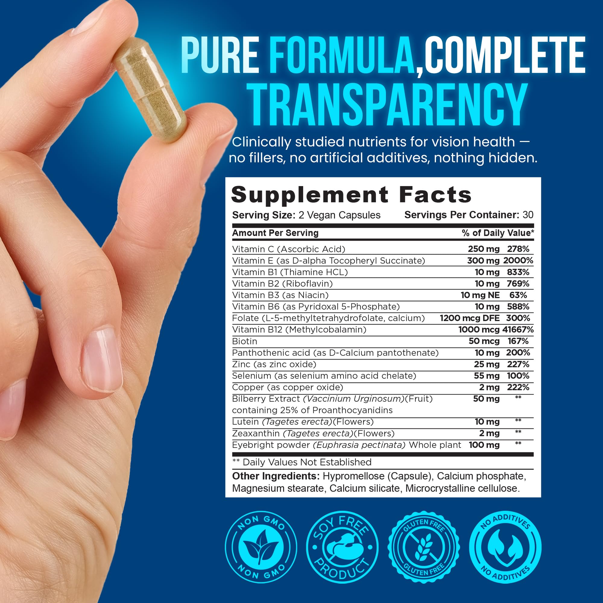 OmniBiotics Vision Clarity label closeup highlights vegan ingredients and AREDS2-inspired formula.