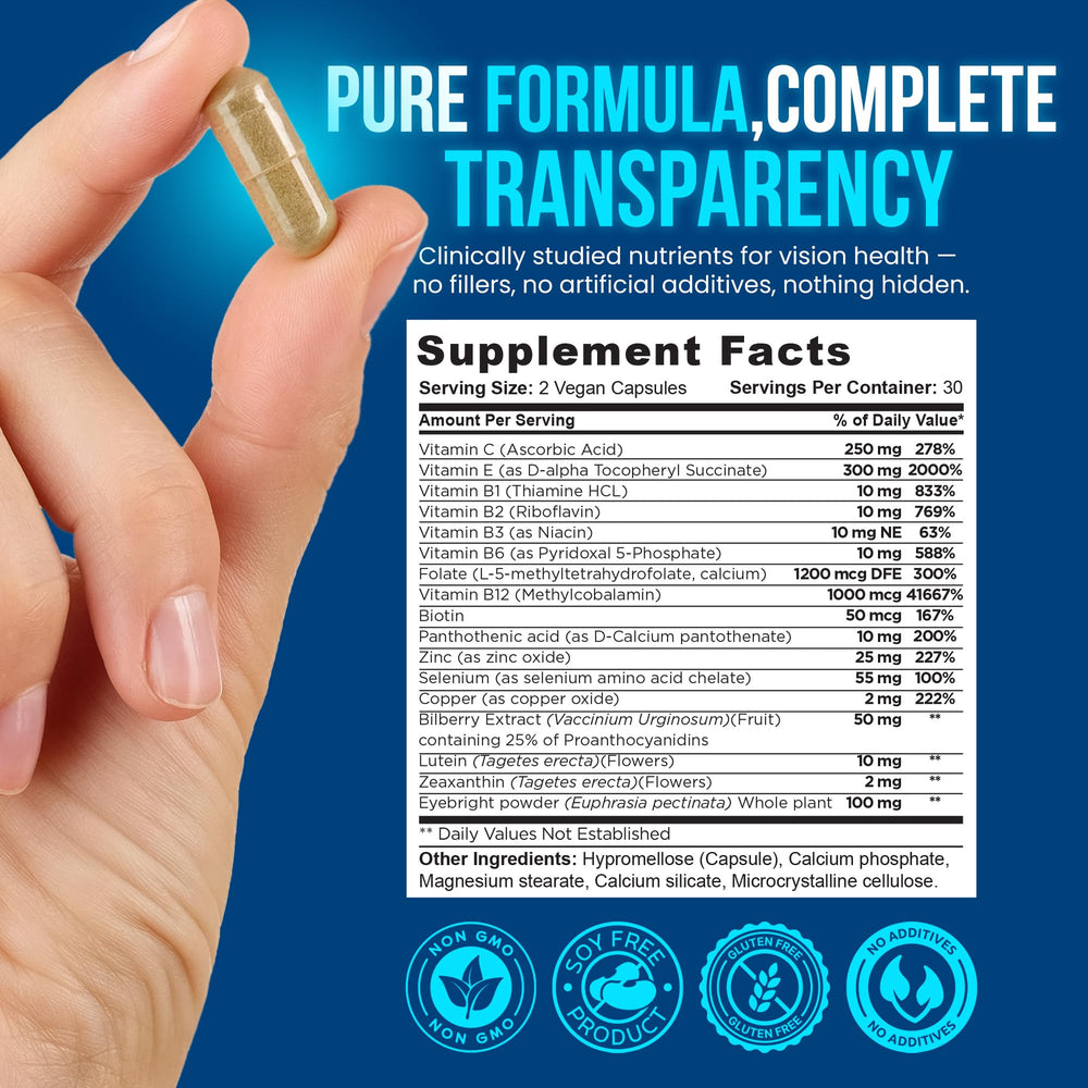 OmniBiotics Vision Clarity label closeup highlights vegan ingredients and AREDS2-inspired formula.