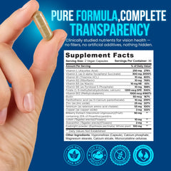 OmniBiotics Vision Clarity label closeup highlights vegan ingredients and AREDS2-inspired formula.
