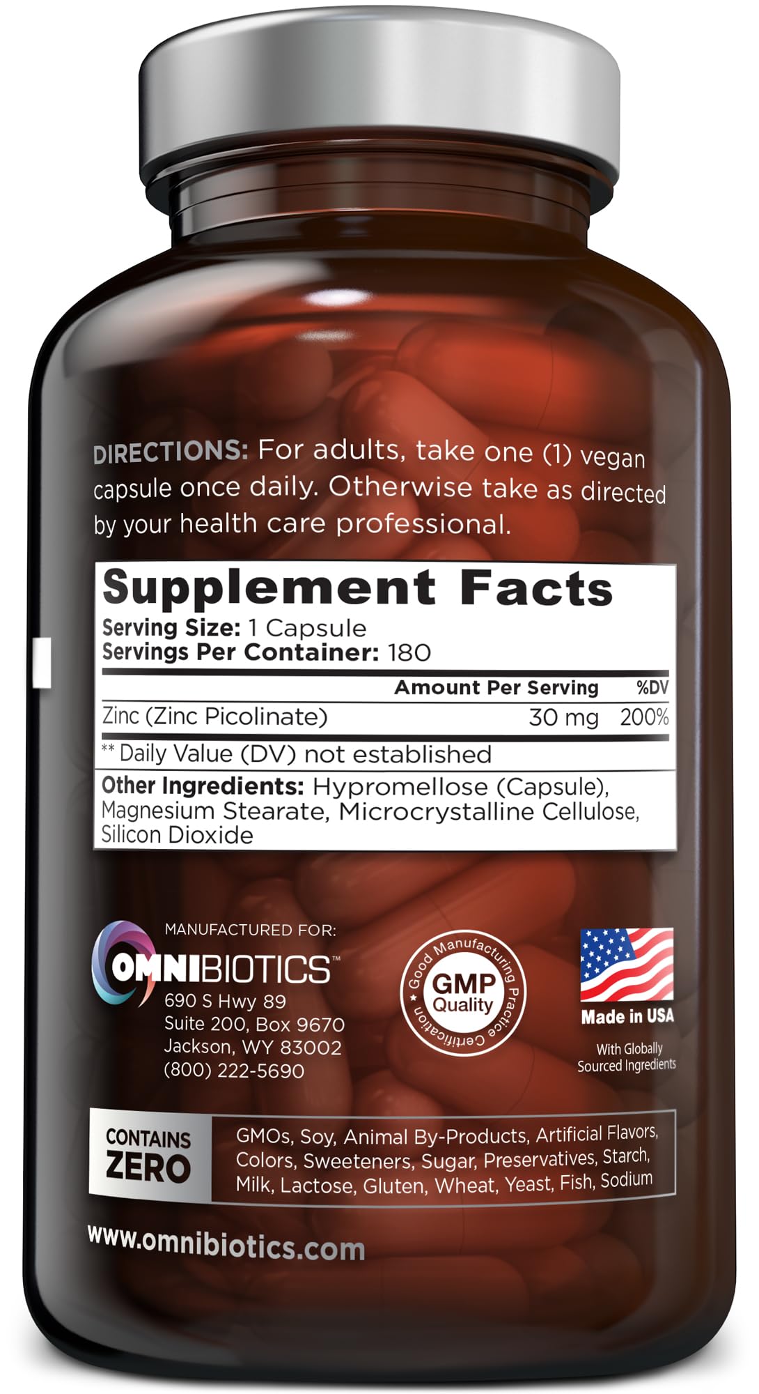 OmniBiotics zinc picolinate bottle shows convenient daily energy support.
