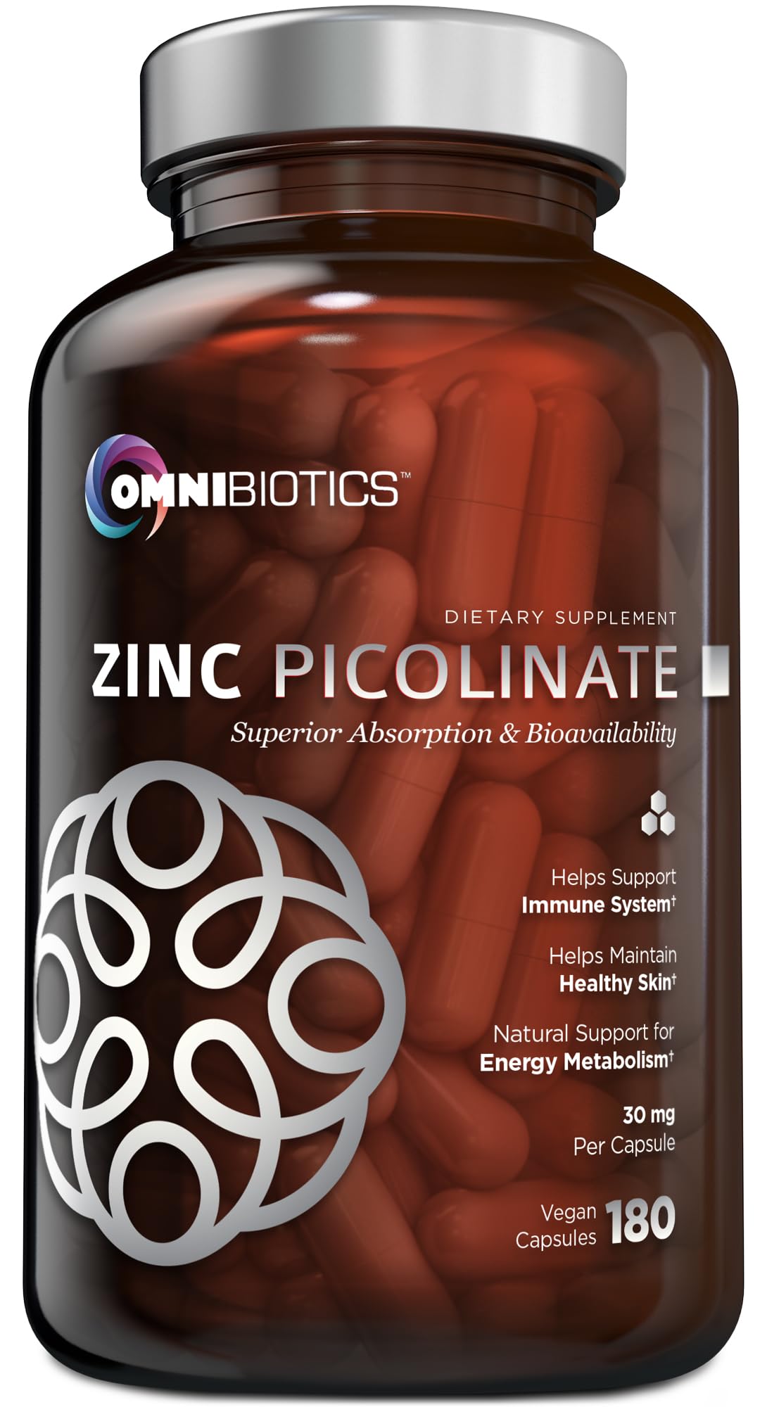 OmniBiotics Zinc Picolinate capsule close-up highlighting high absorption for immune support.