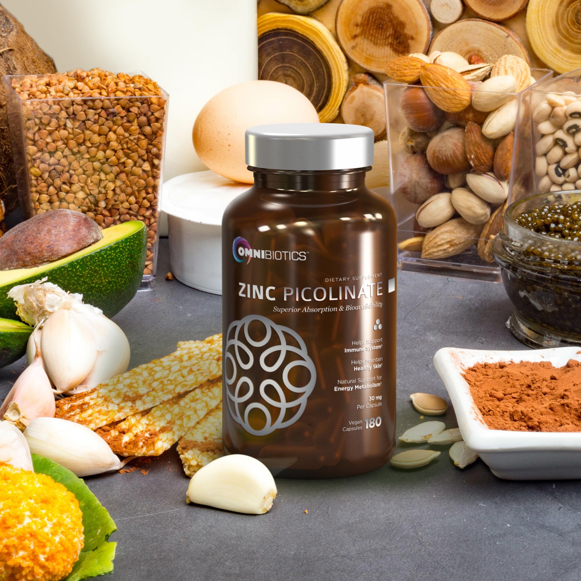 OmniBiotics zinc picolinate routine for skin and energy support.