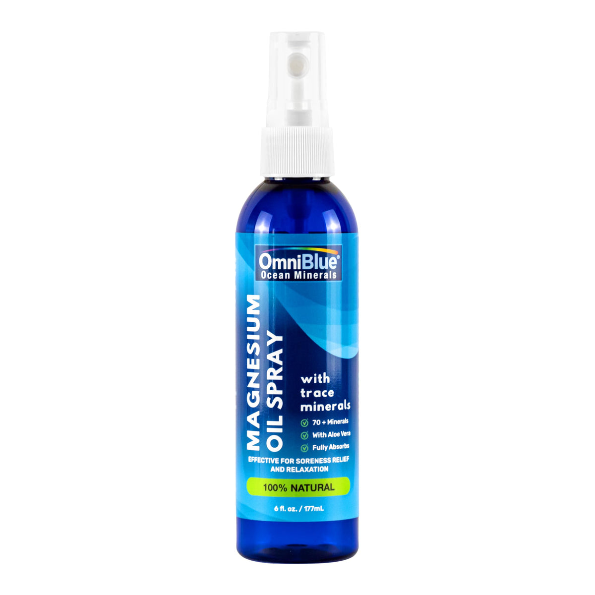 OmniBlue magnesium ocean-mineral spray bottle for fast, sting-free topical relief