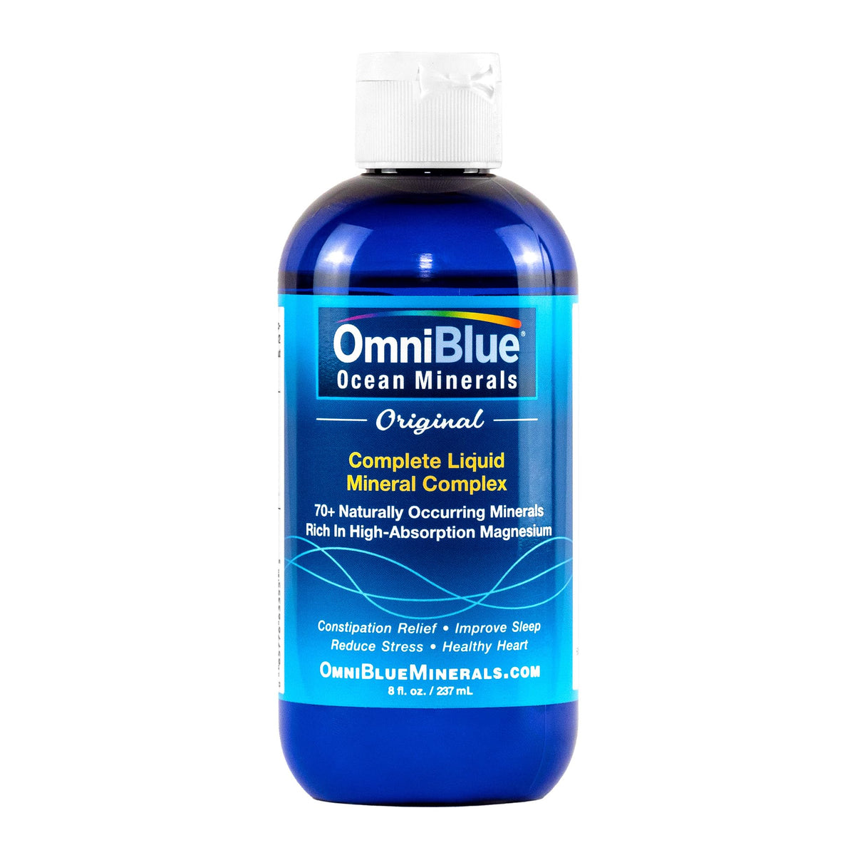 Pouring OmniBlue Ocean Minerals into water to support hydration and electrolyte balance.