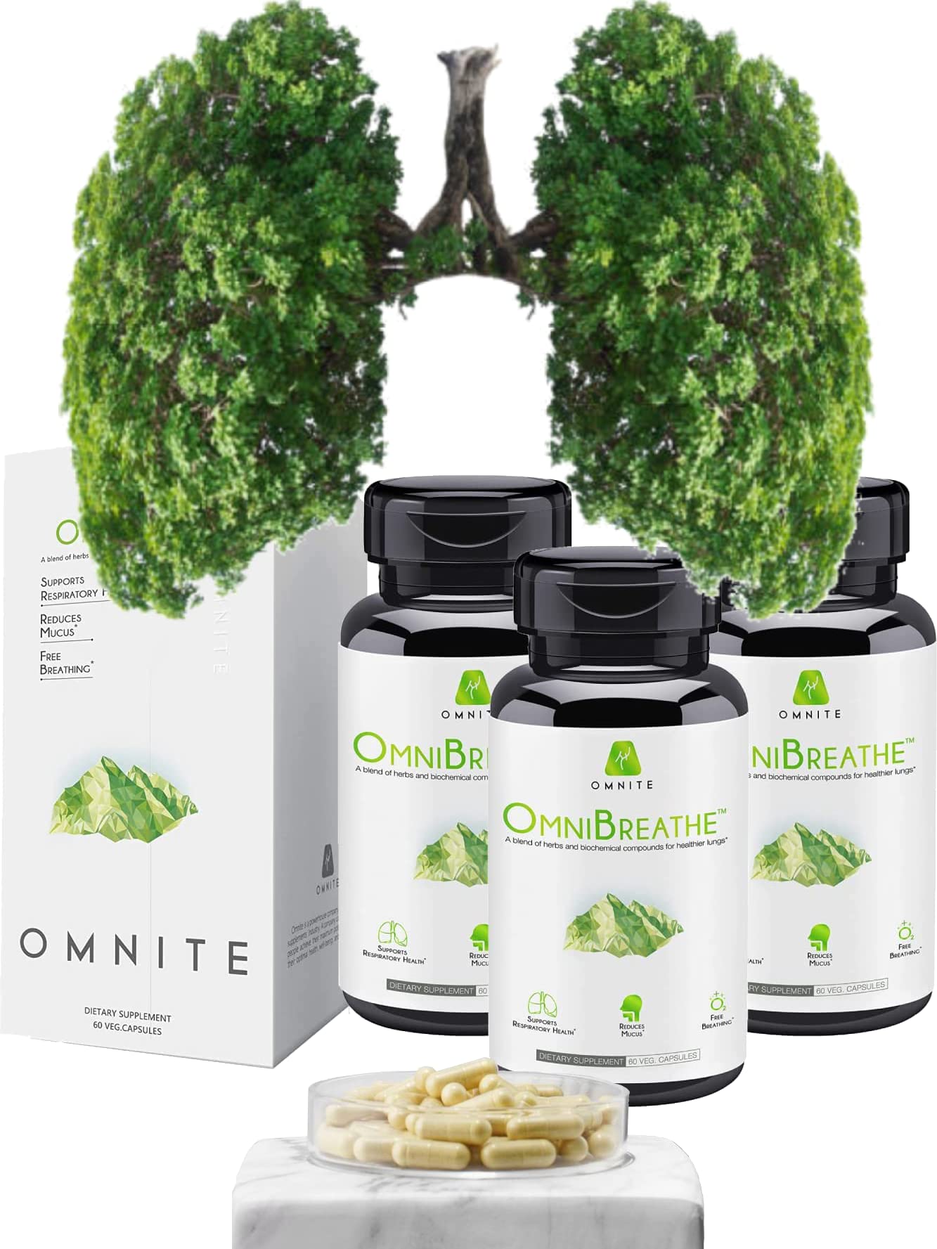 OmniBreathe bottle shown with a focus on easy-to-take capsules for wellness.