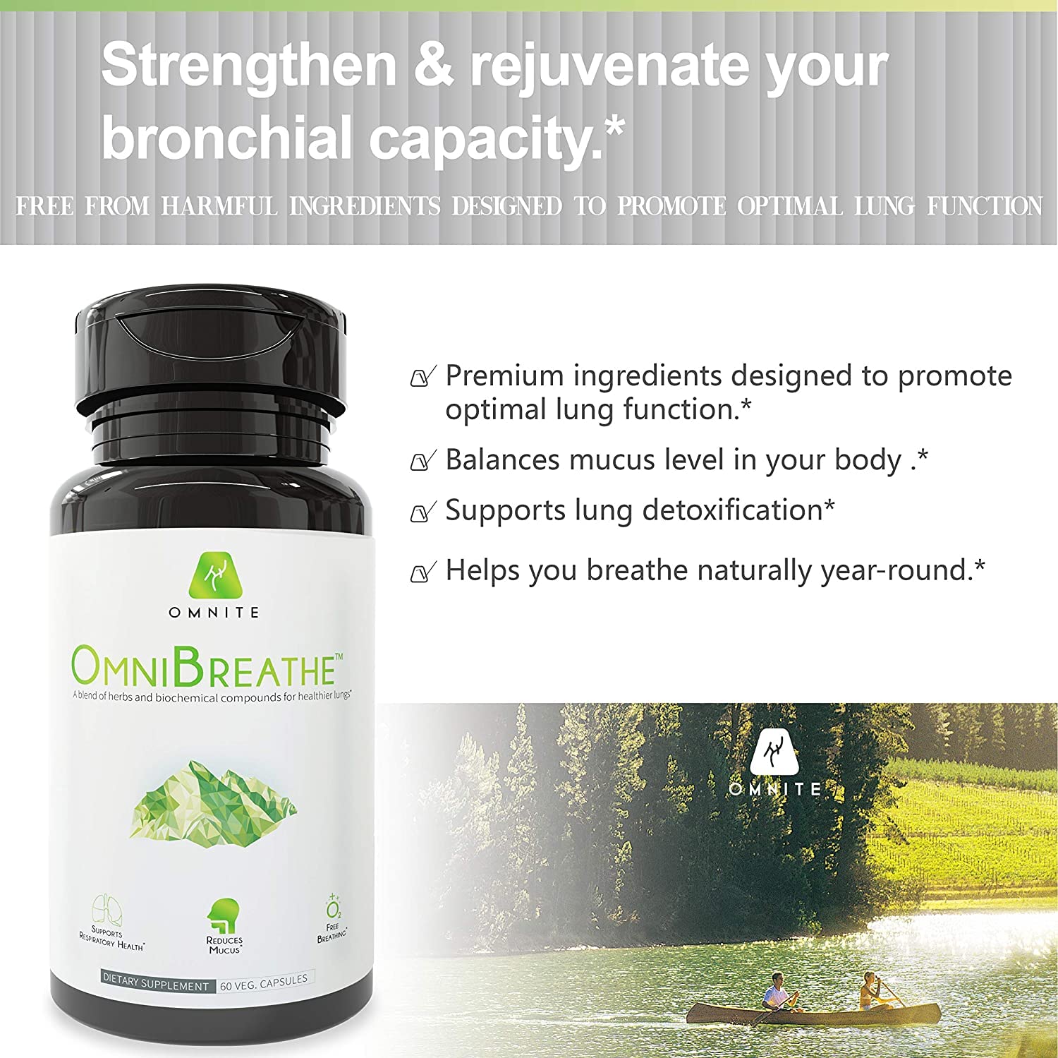 OmniBreathe vegetarian capsules offering a plant-based option for lung health.