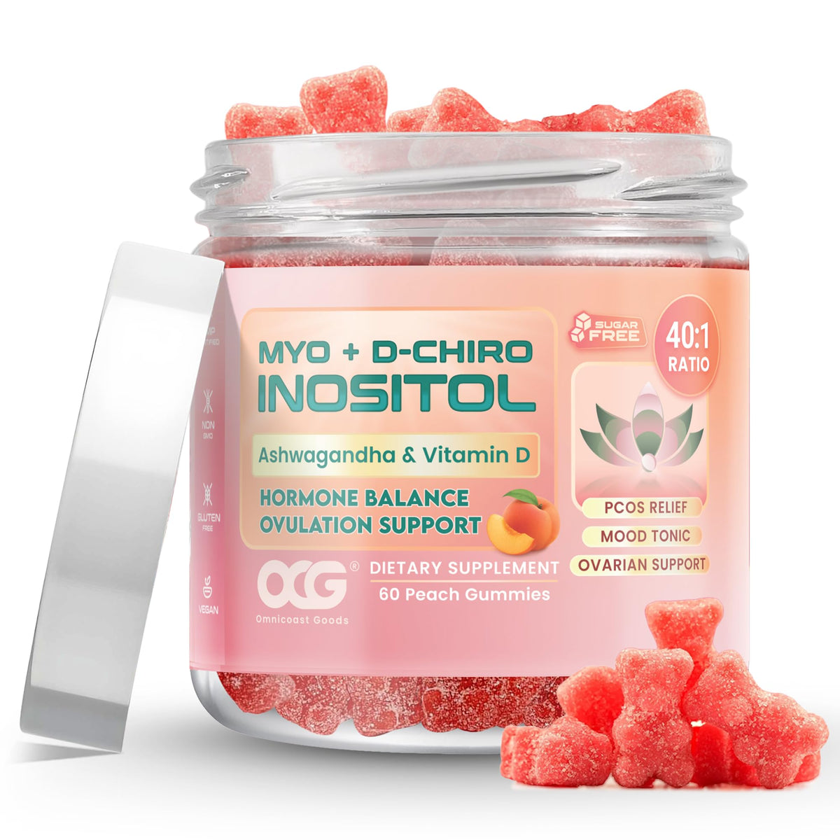 OMNICOAST GOODS OC G bottle of Myo-D-Chiro Inositol gummies supports hormonal balance.