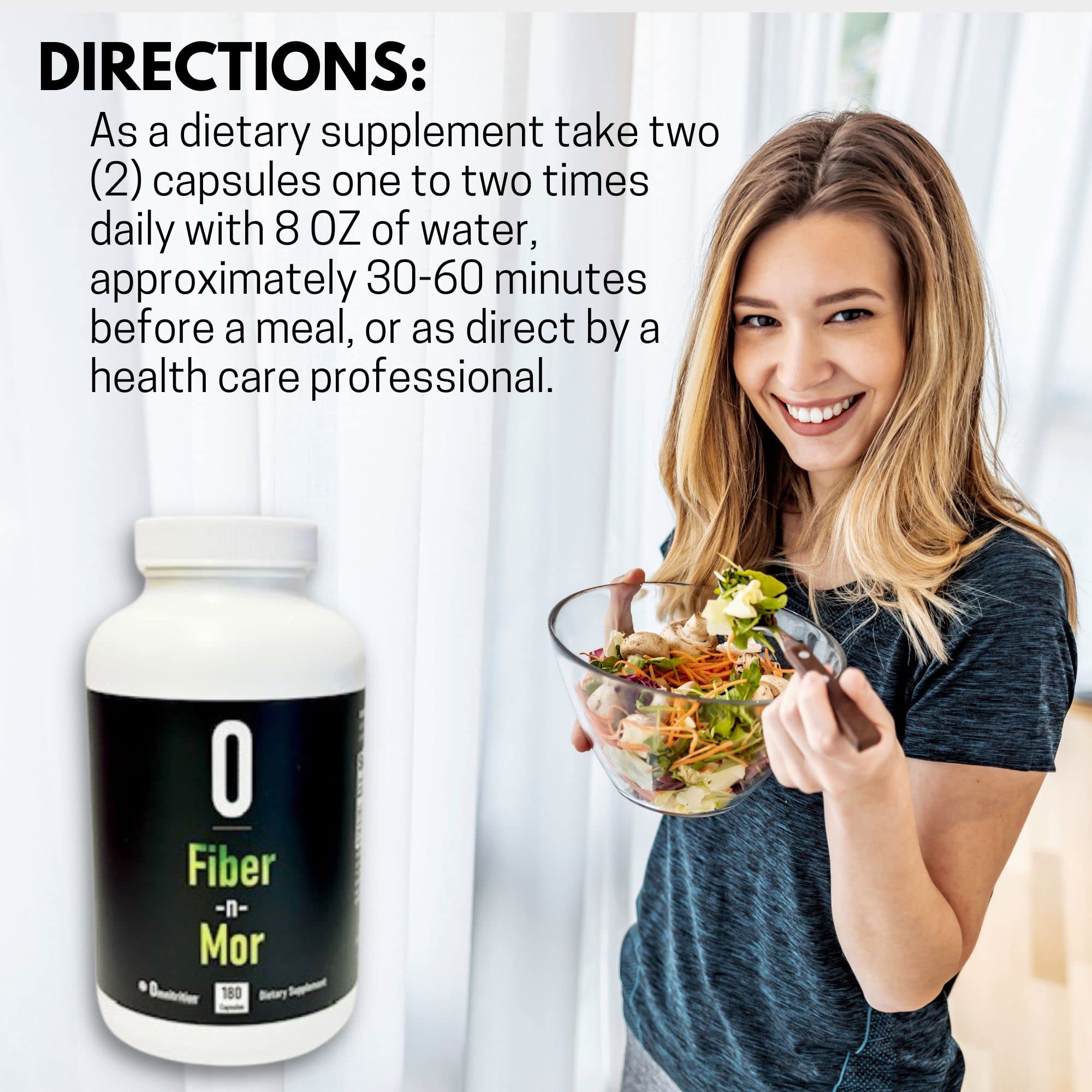 Close-up of Omnitrition Fiber-N-Mor capsules for convenient daily fiber and probiotic intake
