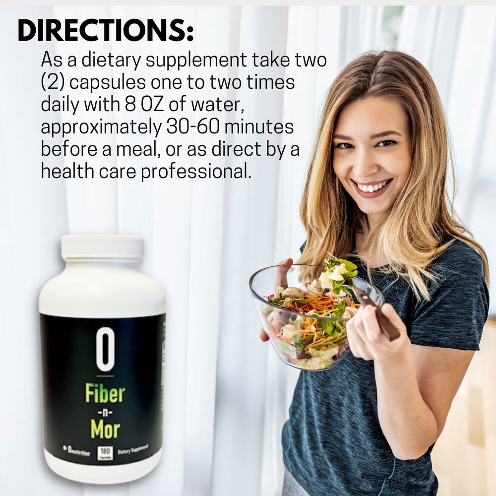 Close-up of Omnitrition Fiber-N-Mor capsules for convenient daily fiber and probiotic intake