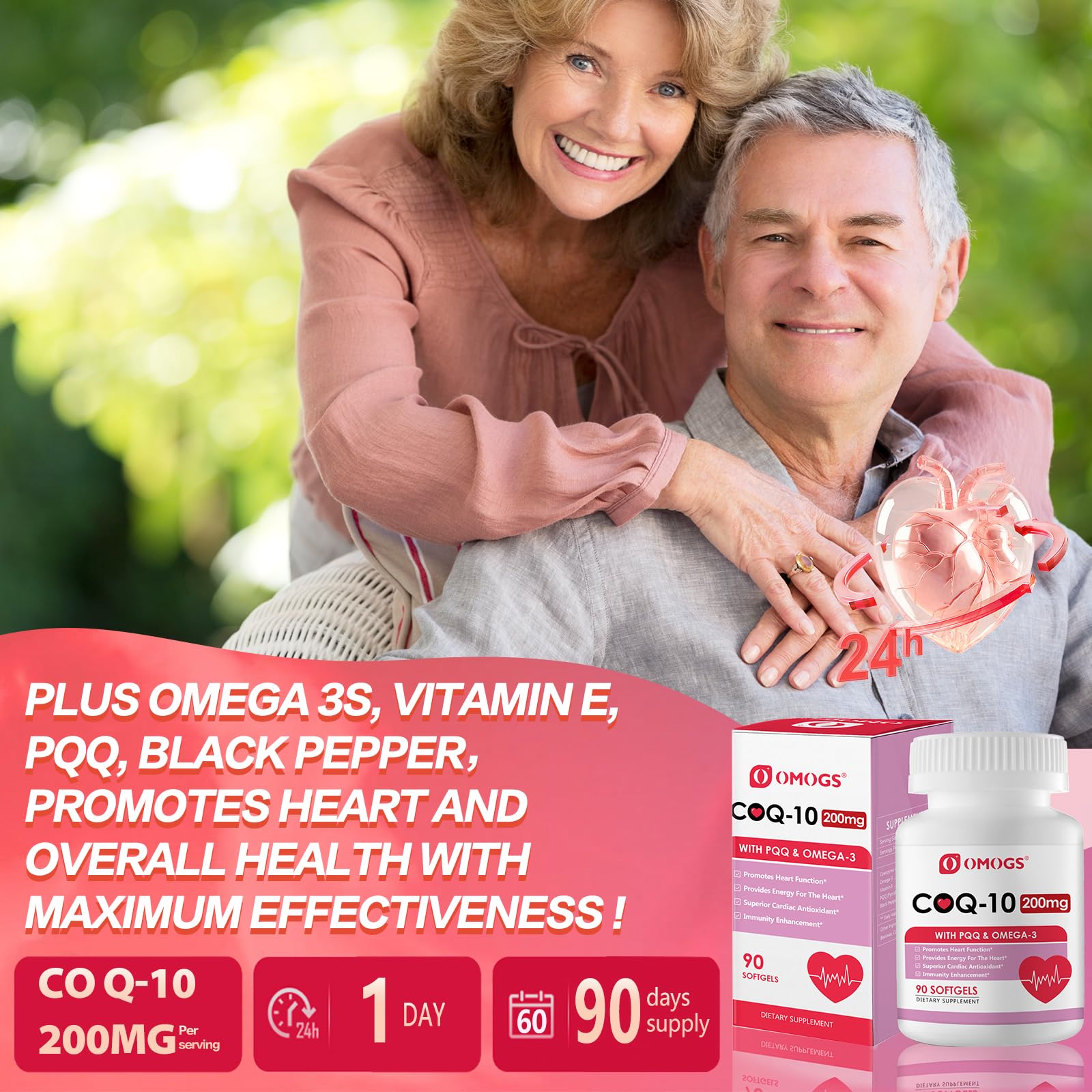 Supplement facts panel highlighting 200mg CoQ10 per softgel.