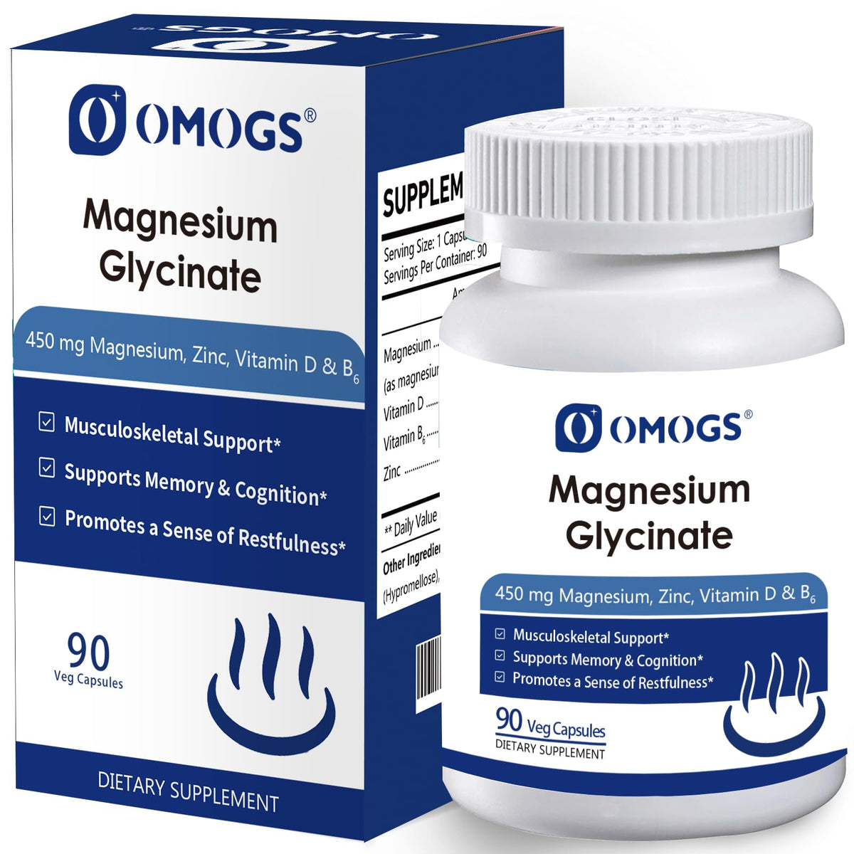 OMOGS high-absorption magnesium glycinate bottle for daily use supporting relaxed nerves