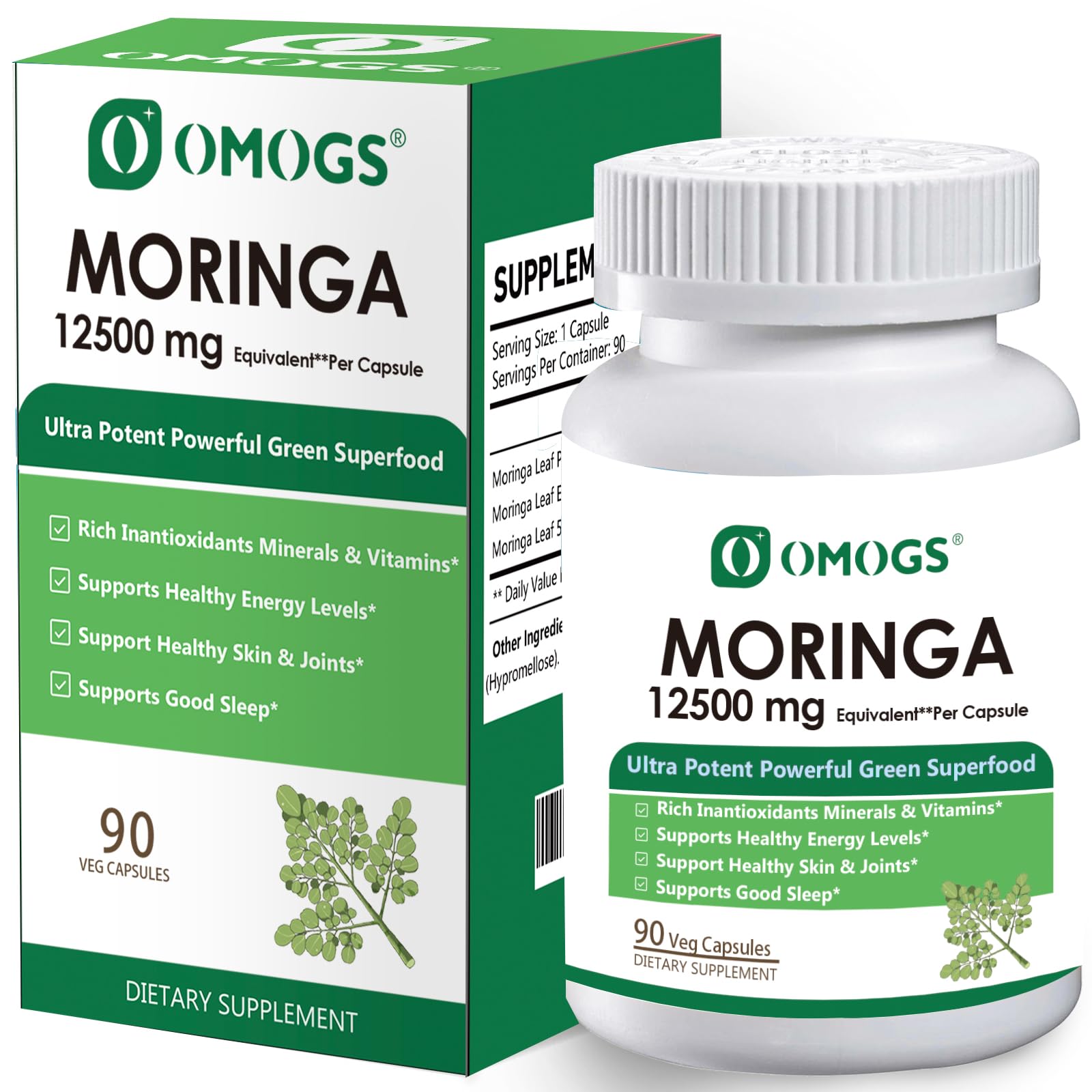 OMOGS Moringa Capsules bottle on shelf supports daily energy and balanced nutrition.