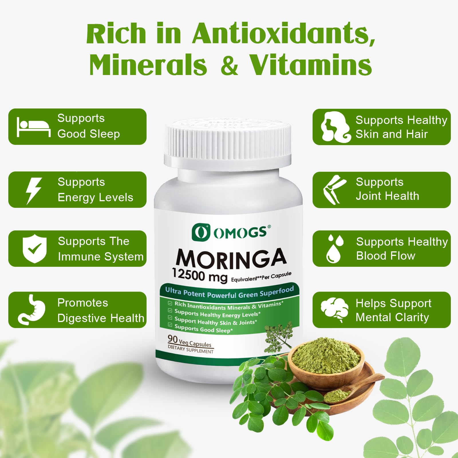 OMOGS Moringa Capsules capsules in hand illustrate convenient daily supplement.