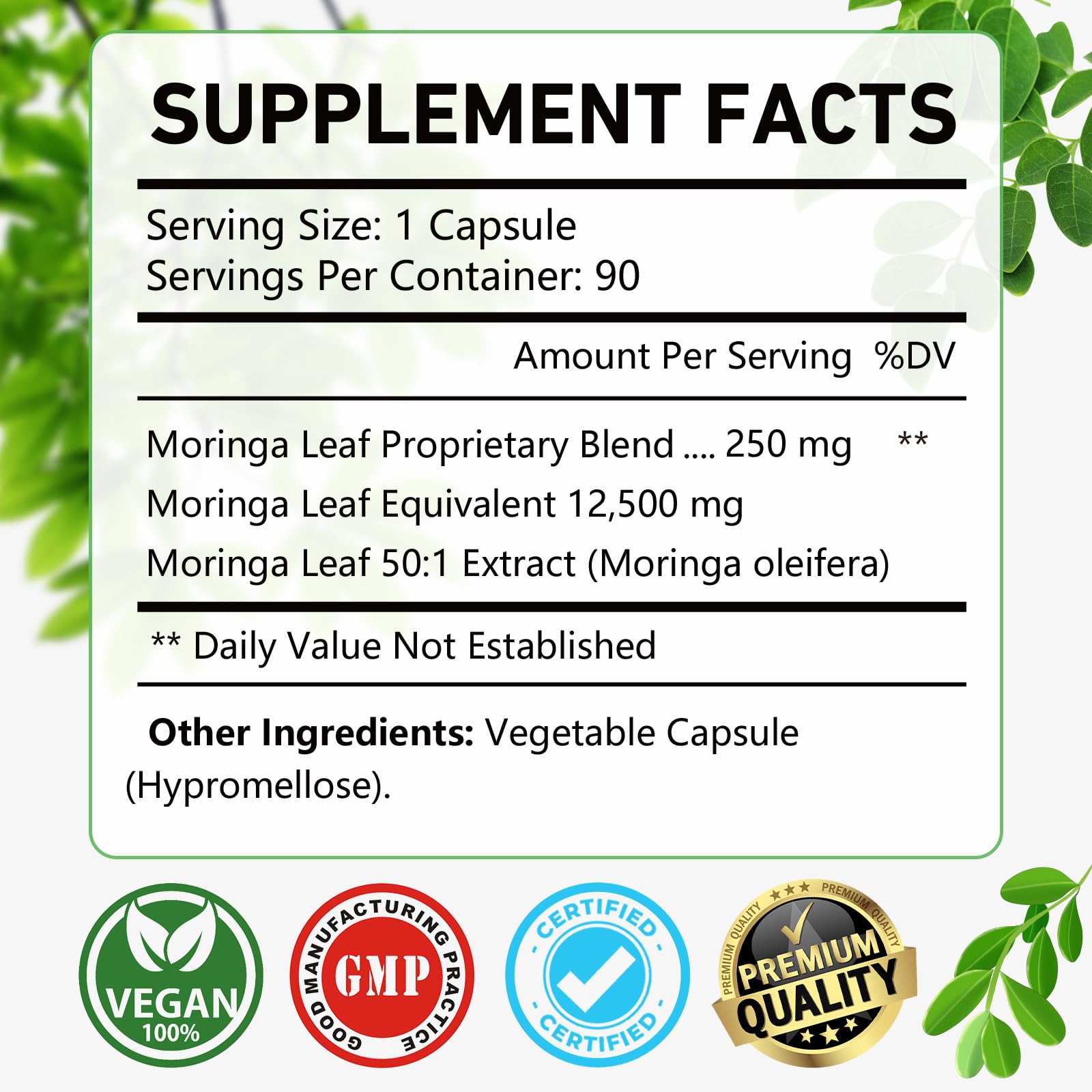 OMOGS Moringa Capsules label closeup highlights antioxidants and nutrient-rich formula.