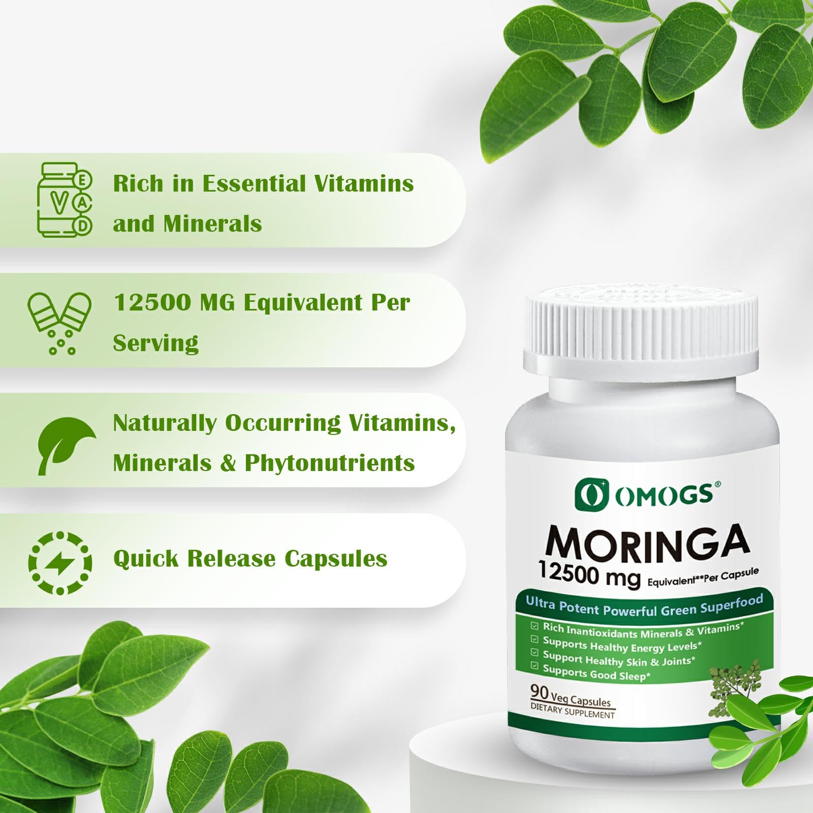 OMOGS Moringa leaves plant highlights natural source of vitamins and minerals.