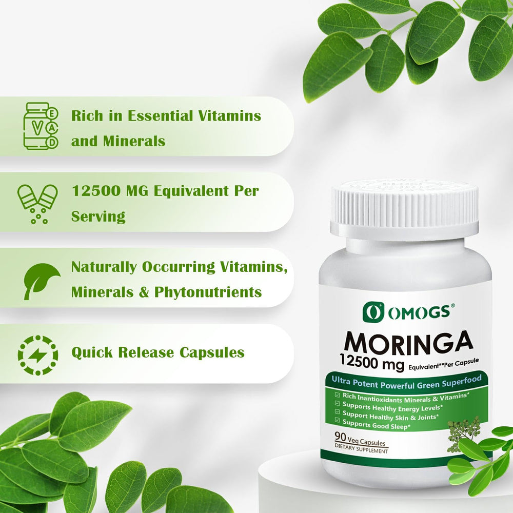 OMOGS Moringa leaves plant highlights natural source of vitamins and minerals.