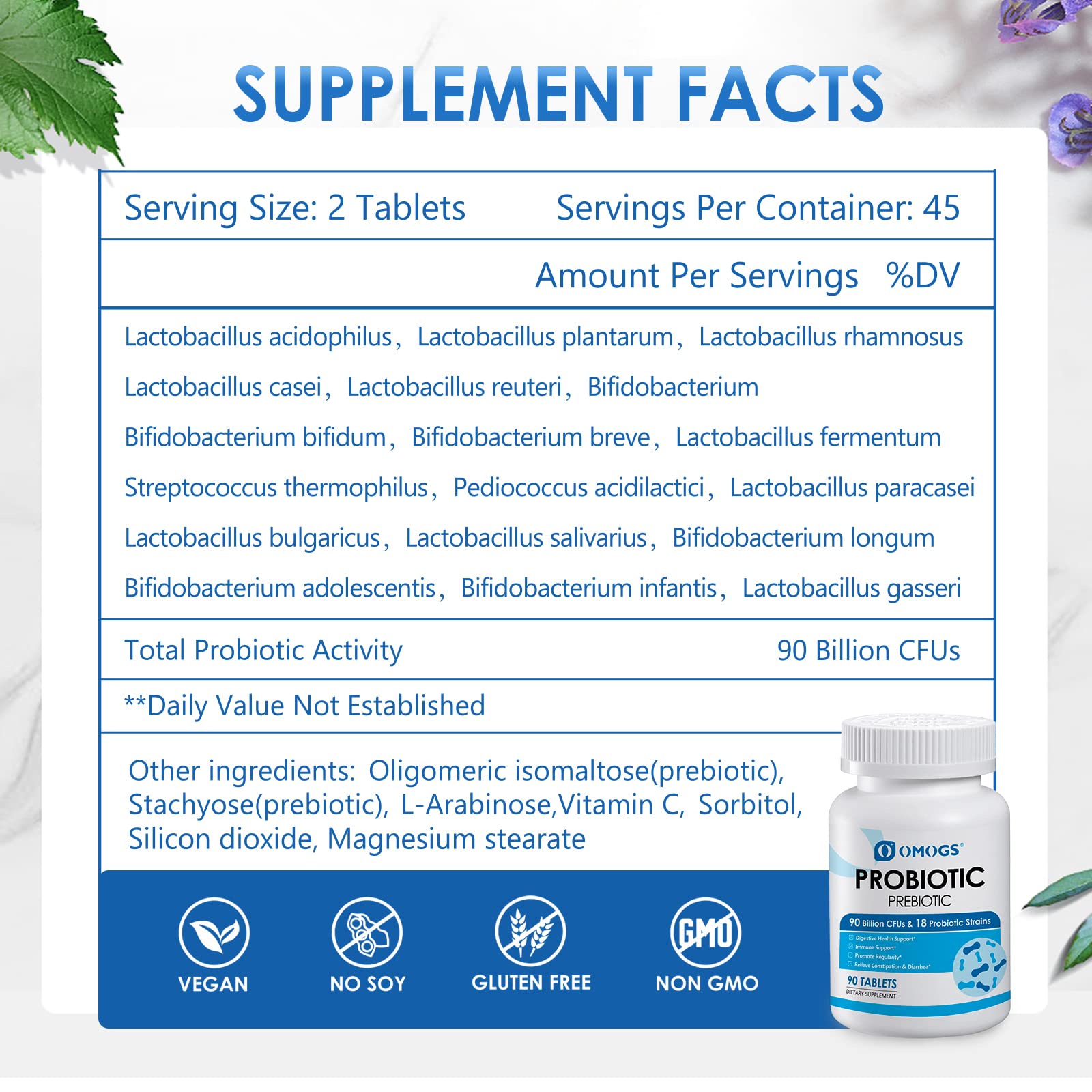 OMOGS Probiotics label close-up highlighting 18 strains and organic prebiotics