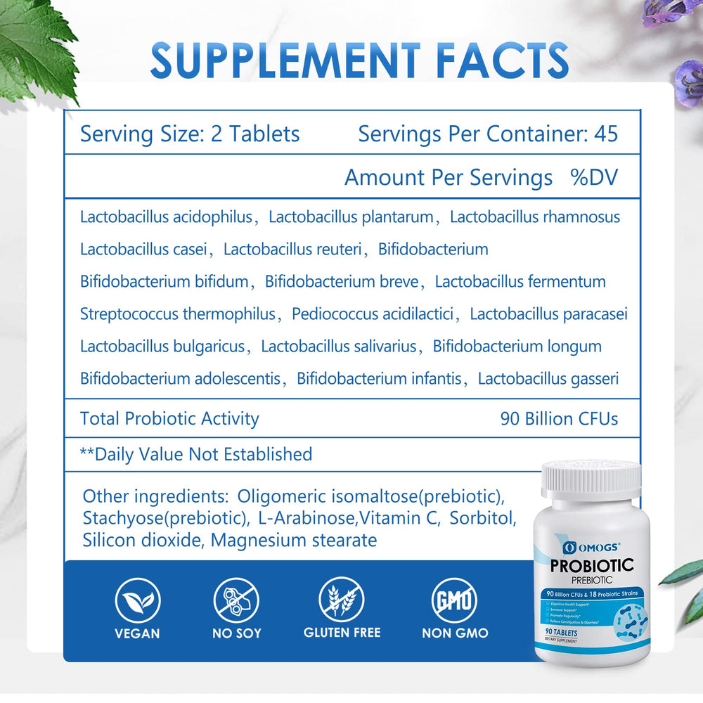 OMOGS Probiotics label close-up highlighting 18 strains and organic prebiotics