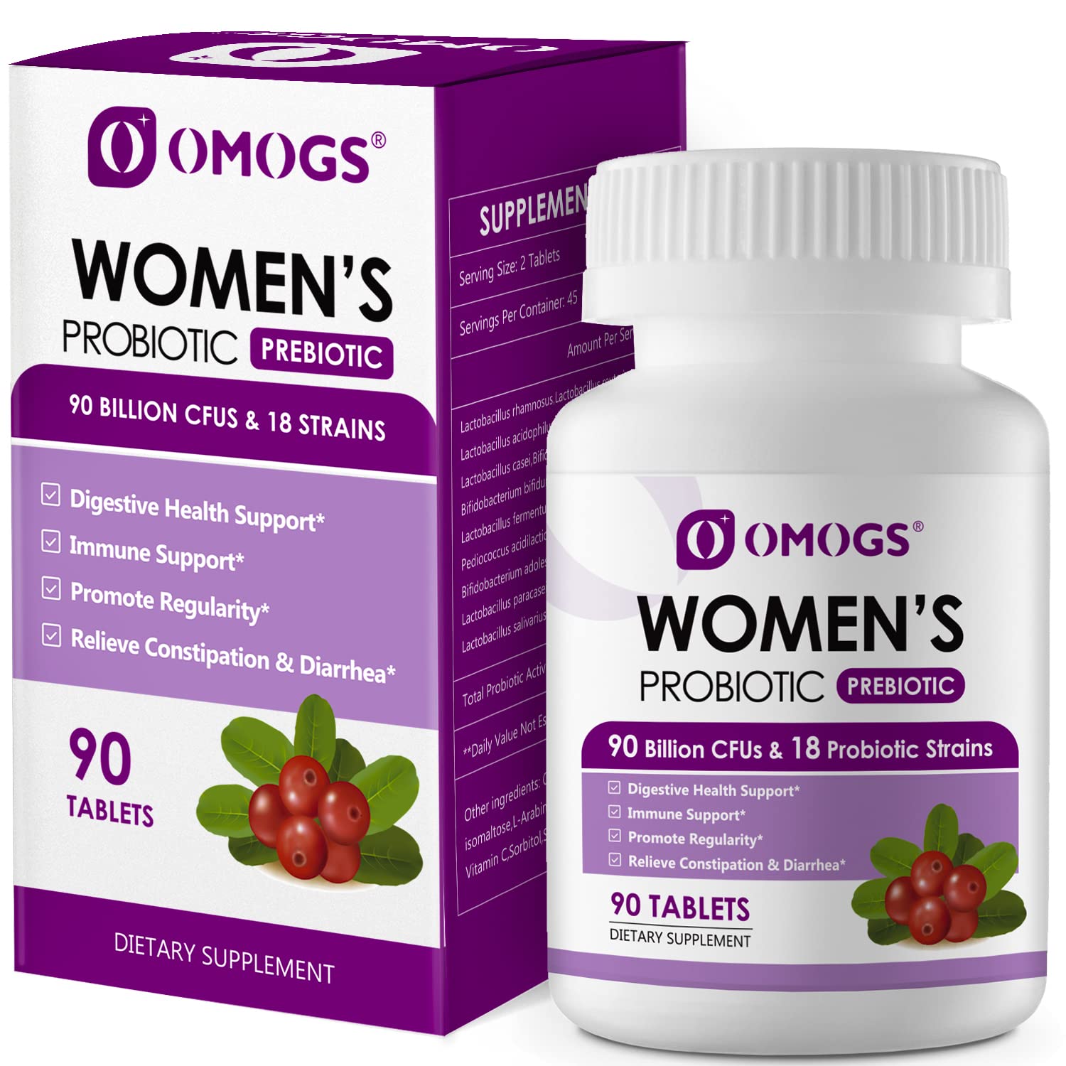 OMOGS women's probiotic bottle highlighting 90B CFUs for digestive support.