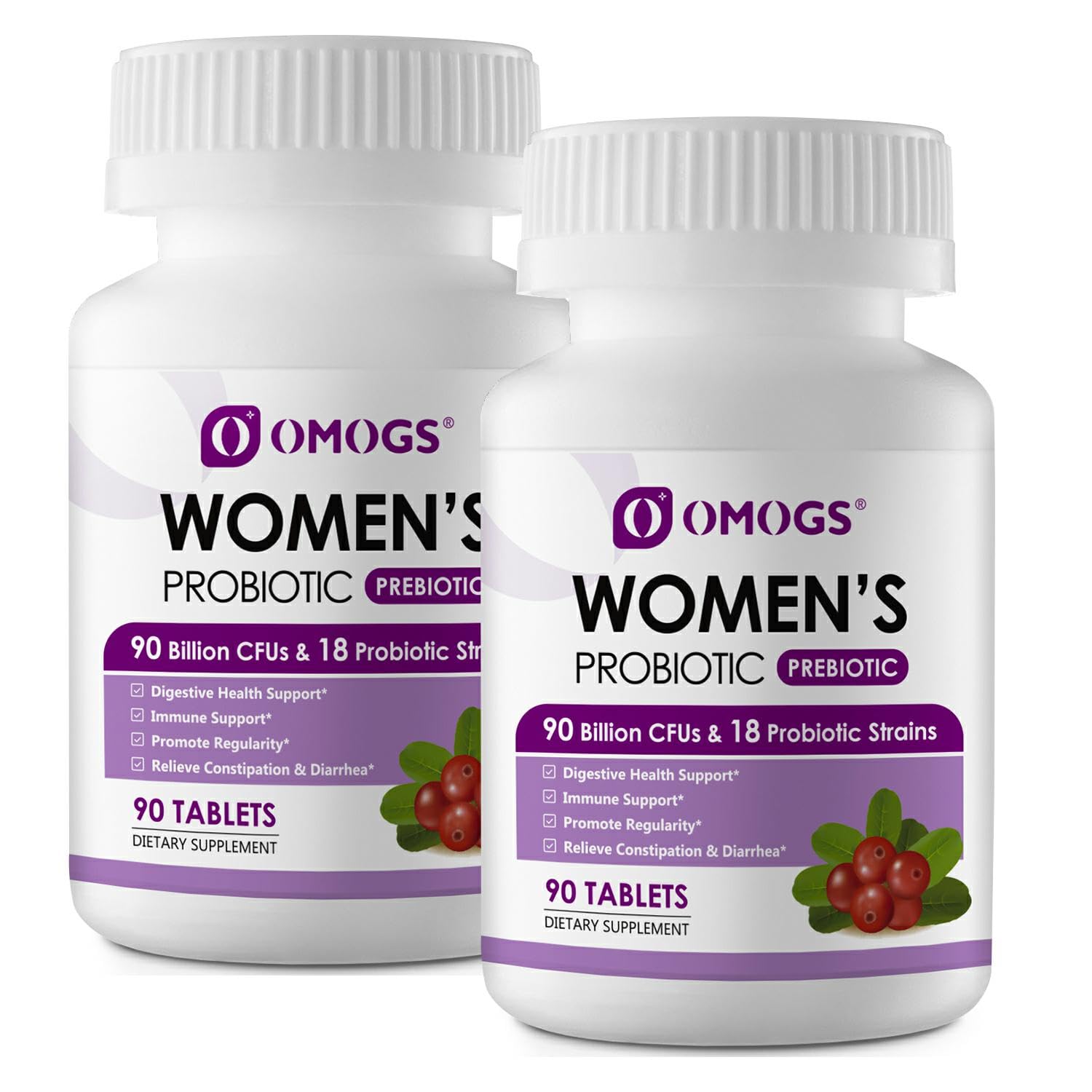 OMOGS women's probiotic bottle promotes gut balance for daily wellness.